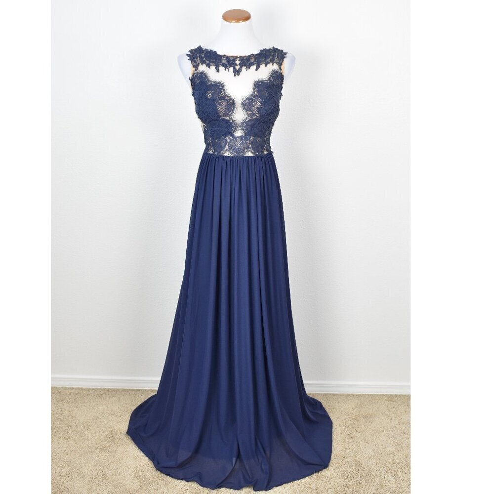 Sherri Hill 5207 Navy Blue Lace Illusion Open Back Gown - 12